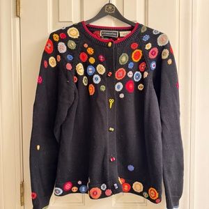 Vintage Christine Foley 1990s Button Motif Heavy-Knit Cardigan Sweater
